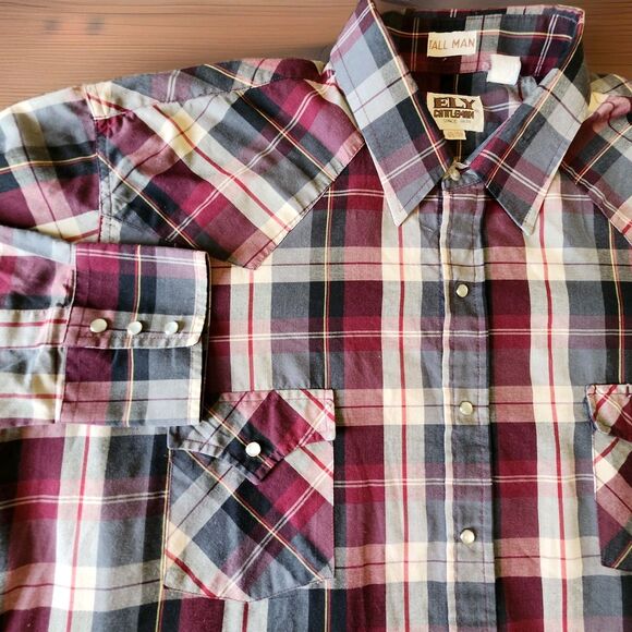 Ely Cattleman Other - 90s Ely Cattleman Tall Man Western Plaid Pearl Snap Long Sleeve Shirt 2XLT